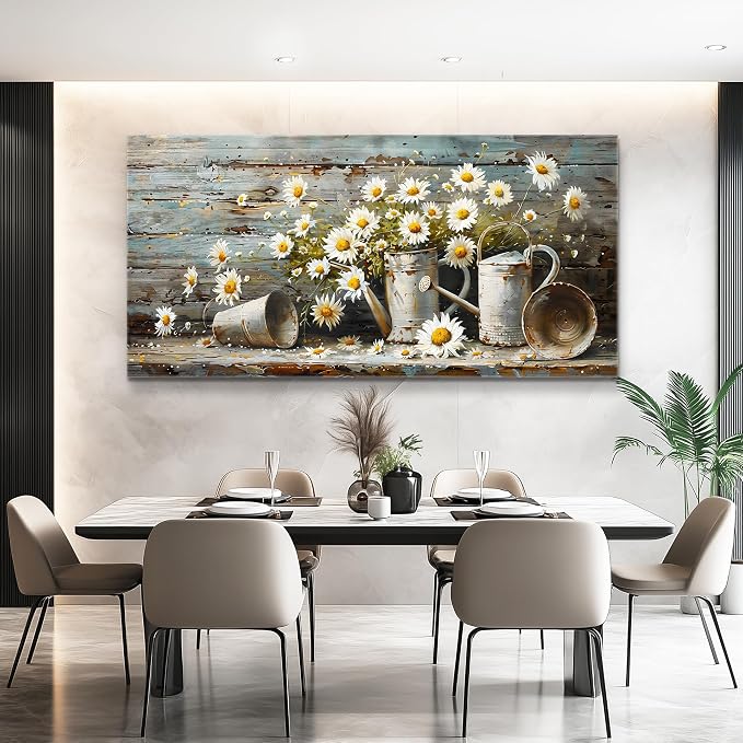 QIYILEXWART Large Wall Decor For Living Room Canvas Wall Art For Kitchen Modern Wall Decorations For Bedroom Daisy Rustic Landscape Painting Farmhouse Pictures Artwork Room Home Decor 24x48 In