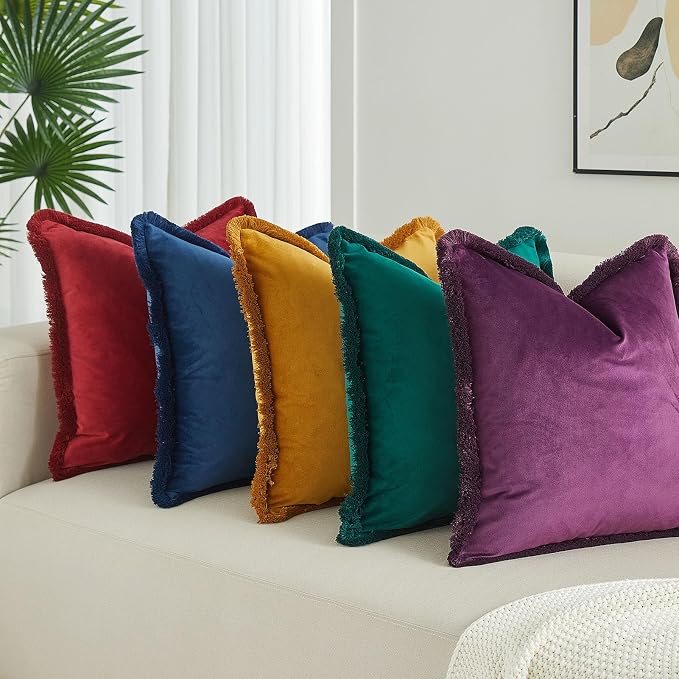JUSPURBET Eggplant Decorative Velvet Fringe Throw Pillow Covers 22x22 Set of 2 Boho Soft Cushion Case for Home Decor Living Room Couch Sofa Bed