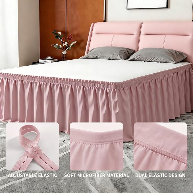 ANARACHON Queen Bed Skirt, Elastic Wrap Around Bed Skirt Queen Size, Bed Skirts for Adjustable Bed, Easy Fit with 18" Drop Length Tailored Drop Dust Ruffle (Pink)