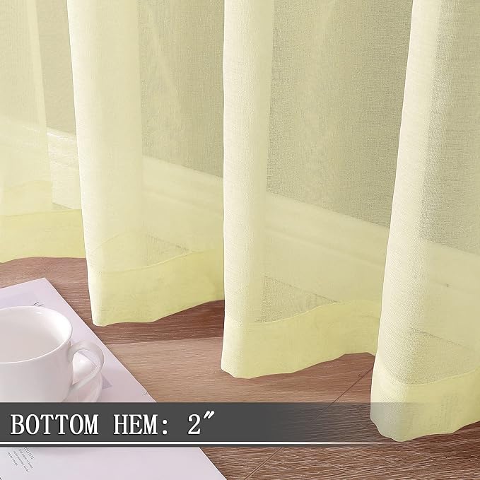 Tollpiz Sheer Curtains Linen Textured Bedroom Curtain Sheers Light Filtering Rod Pocket Voile Curtains for Living Room, 54 x 84 inches Long, Transparent Yellow, Set of 2 Panels