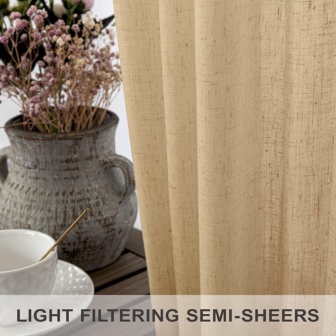 Tan Beige Curtains 96 Inches Long for Living Room 2 Panels Pocket Back Tab Semi Sheer Linen Rustic Neutral Earth Light Brown Room Decor Khaki Taupe Camel Burlap Curtains for Bedroom Cottagecore Fall