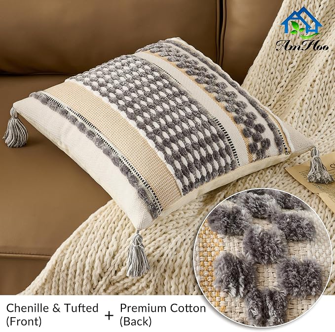 AmHoo Chenille Striped Textured Boho Throw Pillow Covers Aesthetic with Tassels Woven Decorative Pillow Case for Couch Bed Sofa Bedroom Modern Funky 18 x 18-Inch Grey White