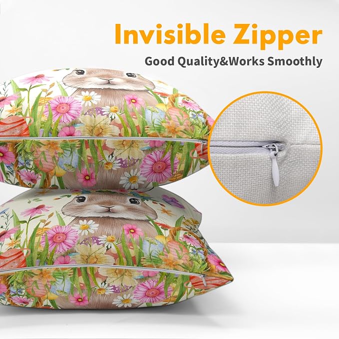 Easter Rabbit Throw Pillow Covers 20x20 Inch Set of 2 Cute Bunny Cotton Linen Square Cushion Case Spring Colorful Floral Easter Theme Decorative Pillowcase for Home Bench Couch Sofa