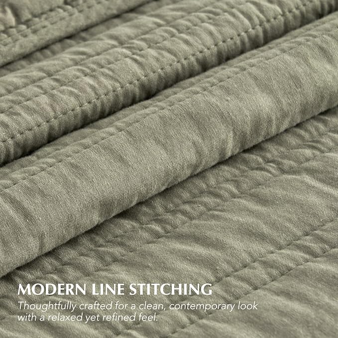 EVERGRACEHOME 100% Cotton Modern Lines Quilt Set King Size, Light Sage | Pre-Washed Soft Cotton, Striped Coverlet Bedspread, 3 Piece Lightweight Bedding Set for All Season, with 2 Pillow Shams
