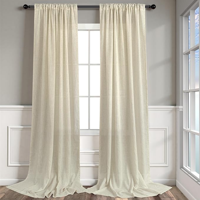 Oatmeal Beige Linen Sheer Curtains 90 Inch Rod Pocket Back Tab 2 Panels