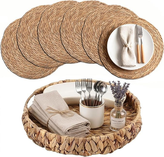 Woven Placemats Set of 6 with Water Hyacinth Storage Basket, Natural Woven Table Mats for Dining Table, Handmade Boho Wicker Place Mats, Heat-Resistant Round Farmhouse Table Decor