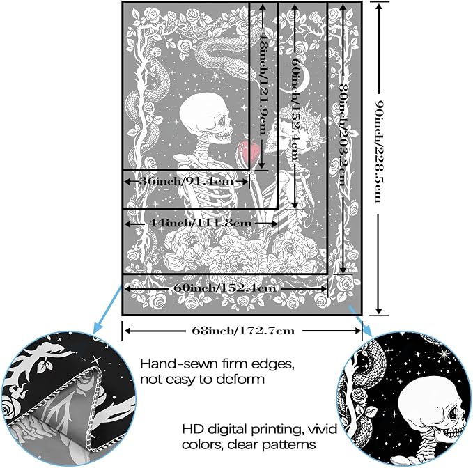 Accnicc Skeleton Lovers Tapestry Gothic Skull Vertical Tapestries Wall Hanging Black and White Floral Plant Snake Horror Large Tapestry for Bedroom Living Room Dorm 80 x 60 inch