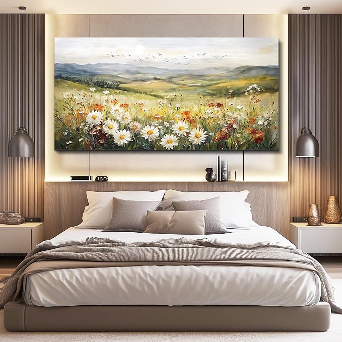 FUHAIHUA Large Framed Wall Decor For Living Room Canvas Wall Art For Office Farmhouse Wall Decorations For Bedroom Prairie Flowers Landscape Paintings Modern Pictures Artwork Home Decor 24" x 48"