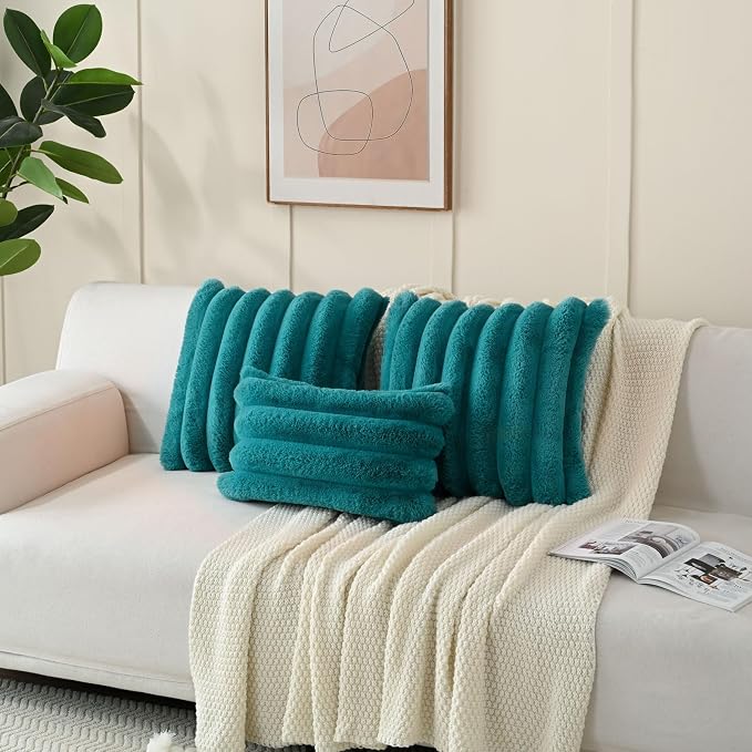 HAUSSY Pack of 2 Pillow Covers 16x16 Inch, Faux Fur Decorative Couch Throw Pillows Soft Striped Plush Cushion Covers Home Decor Cute Furry Pillowcase for Living Room Sofa Bed, Teal (Covers Only)