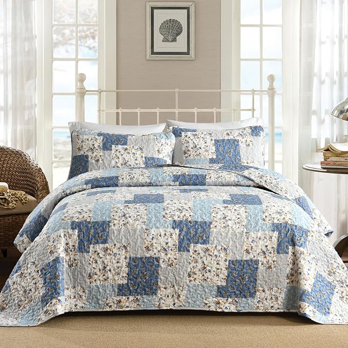 Mybedsoul Boho Quilts Queen Size, Floral Patchwork Bedding Set, Light Blue | Soft Lightweight Microfiber Coverlet Set, 3 Pieces Plaid Reversible Bedspread, Bed Sets for All Seasons 96"x90"