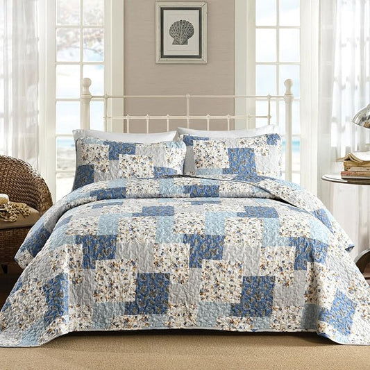 Mybedsoul Boho Quilt King Size, Patchwork Floral Bedding Set, Light Blue | Soft Lightweight Microfiber Coverlet Set, 3 Pieces Plaid Reversible Bedspread, Bed Sets for All Seasons 90"x110"