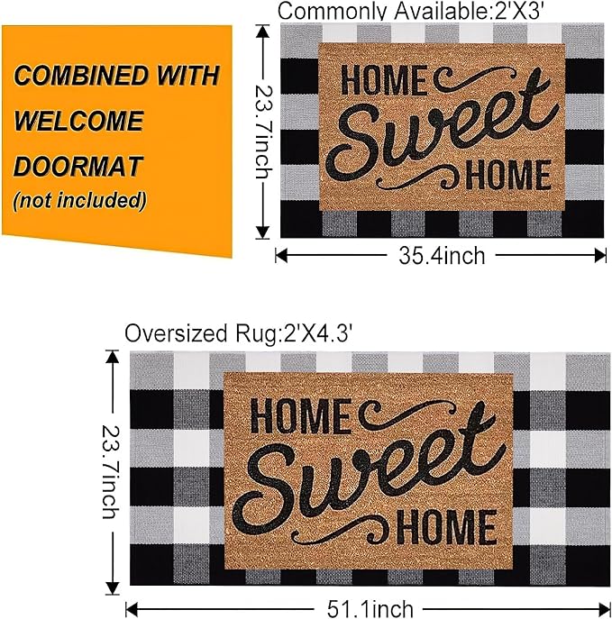 Black and White Layered Doormat 24''x35''Buffalo Plaid Checkered Rug Cotton Machine Washable Mat for Front Porch, Kitchen, Farmhouse, Entryway,Bathroom
