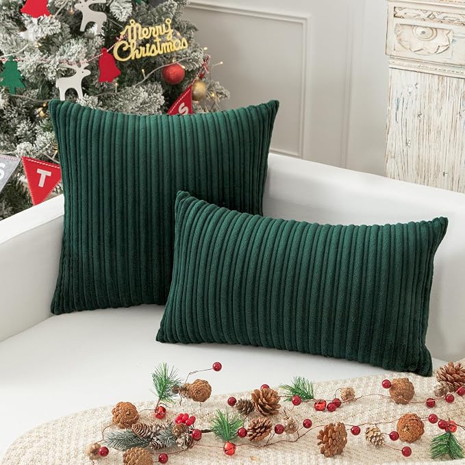 Kevin Textile Striped Corduroy 26”x26” Pillow Covers 2 Pack, Dark Green