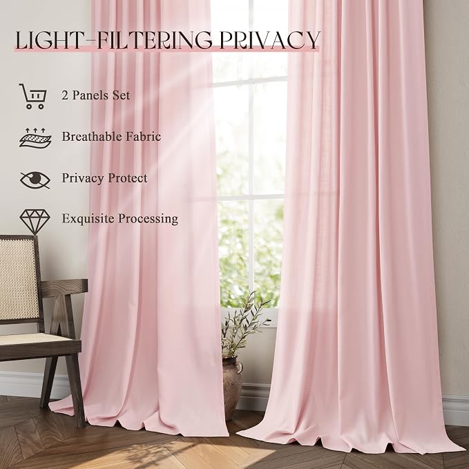 Jowels Pink Linen Curtains 90 Inch Long 2 Panels for Living Room | Light Filtering Semi Sheer Curtain, Back Tab Pocket Pleated Look, Boho Farmhouse Textured Privacy Drapes for Bedroom Window