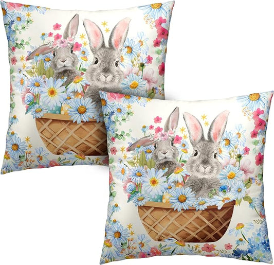 Easter Bunny Pillow Covers 16x16 Spring Rabbit Daisy Floral Throw Pillow Covers A Basket Filled with Lovely Bunny and Flowers Pillowcase Cushion Case for Sofa Patio Garden 2 Pack