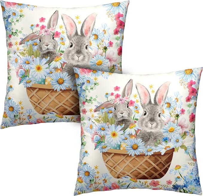 Easter Bunny Pillow Covers 22x22 Spring Rabbit Daisy Floral Throw Pillow Covers A Basket Filled with Lovely Bunny and Flowers Pillowcase Cushion Case for Sofa Patio Garden 2 Pack