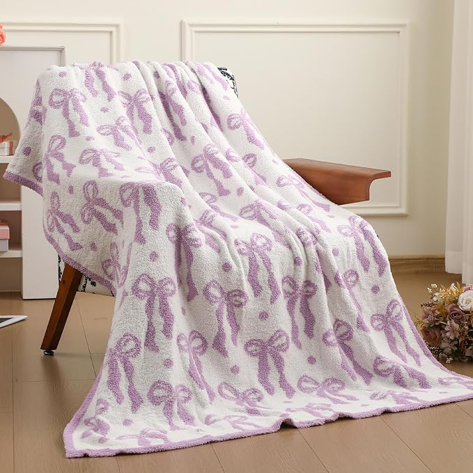 Buryeah Purple Bow Blanket Soft Microfiber Double Sided Bow Throw Blanket 50"x 60" Coquette Aesthetic Dormitory Room Decor Plush Sofa Chair Bedding Stuff for Women, Christmas Fall Thanksgiving Gifts