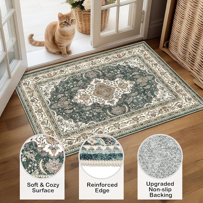 AooHHooA 2x3 Washable Entryway Rug Green, Soft Stain Resistant 2x3 Boho Rug Vintage Small Rugs for Entryway, Low Pile Lightweight Non-Slip Indoor Door Mat Small Rugs for Bedroom Bathroom