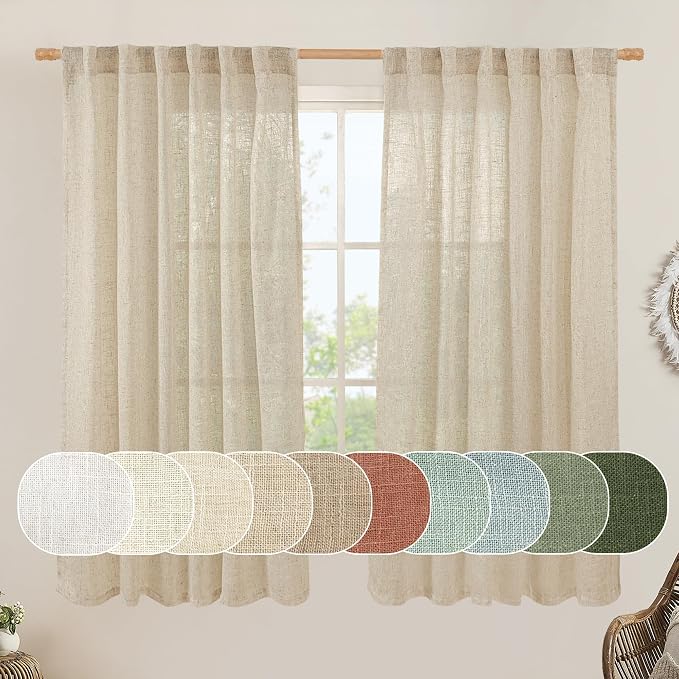 Natural Linen Blended Curtains 63 Inch for Bedroom Window 2 Panels | Light Filtering, Semi Sheer Burlap Curtains, Farmhouse Boho, Dining Room, Rod Pocket Back Tab, 2 Panels, 52 x 63 Inch, Linen