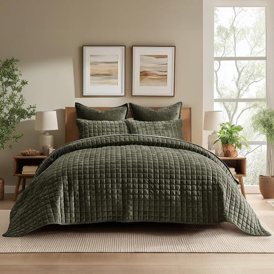 RECYCO Channel Box Stitch Velvet Quilt Set, Full Queen Size, Olive Green | Ultra Soft Lightweight Velvet Comforter, Luxury Oversized Bedspread Coverlet, Quilted Bedding Set for All Season with 2 Shams