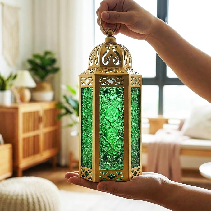 Vela Lanterns Decorative Indoor Moroccan Candle Holder, Gold Green, M | Ramadan Decorations for Home, Green Candle Lantern, Diwali Eid Table Centerpiece, Hanging Tealight Votive Pillar, 10.5in
