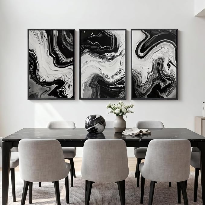 Large Framed Black and White Modern Abstract Wall Art Set of 3, 24x36 In | Big Paintings, Modern Artwork, Canvas Prints, Wood Frames, Minimalist Pictures, Living Room Bedroom Hallway Office Wall Decor