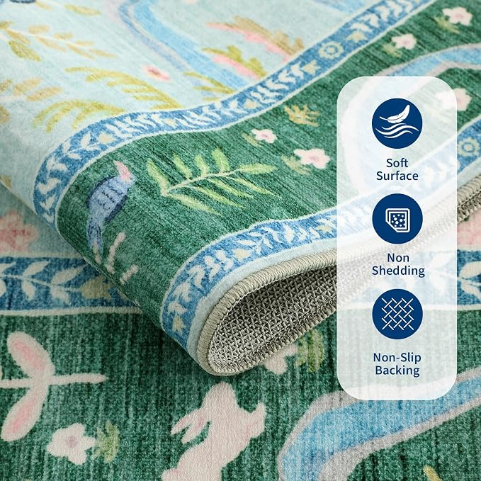 Jungle Animal Print 3x5 Washable Rug for Girls Bedroom Non Slip Blue Bohemian Whimsical Small Throw Carpet Low Pile Forest Fairy Tale Area Rugs for Living Room Nursery Bedroon, Teal/Blue