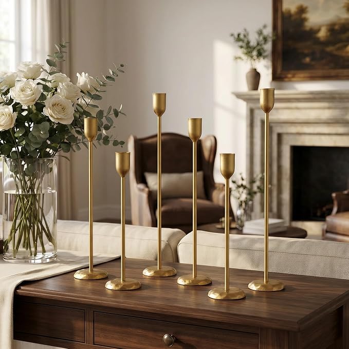 Perfnique Brass Candlestick Holders Set of 6 - Antique Gold Iron Candle Holders for Christmas, Birthday, Wedding, Party, Dining Table, Fireplace Mantel Decor (Gold)