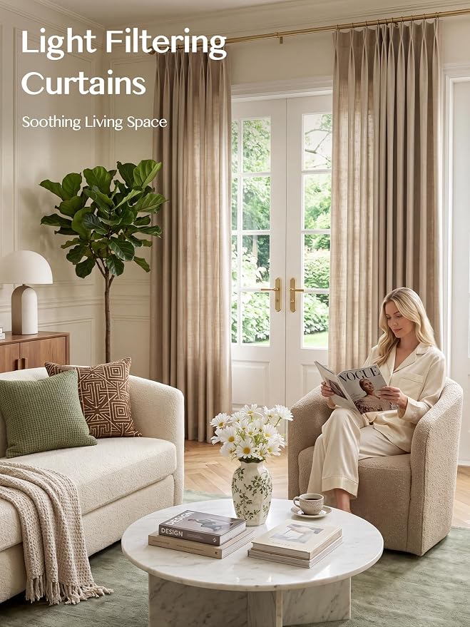 Pinch Pleated Linen Curtains 84 Inch Length 2 Panels, Light Filtering Linen Blend Drapes 40" W x 84" L, Taupe Grey Neutral Curtains for Living Room Bedroom with Hooks