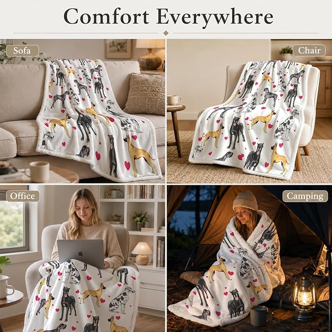 BlessLiving Throw Blanket, Dane White Black Dog Animal, 60x80 Inches | sherpa fleece fabric, Great Dense Pet Blankets Puppy Lovers print, for couch or sofa, pet lovers, easy machine care
