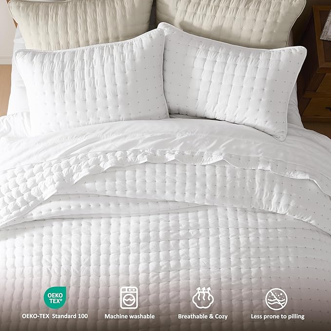 WDCOZY White Twin Size Quilt Bedding Sets with Pillow Sham, Lightweight Soft Bedspread Coverlet, Quilted Blanket Thin Comforter Bed Cover, All Season Summer Spring, 2 Pieces, 68x90 inches