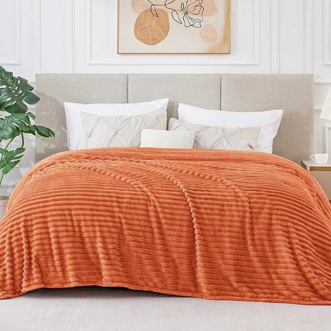 BEDELITE Ribbed Jacquard Burt Orange King Size Blanket for Bed, 108x90 Inch | Soft Warm Decorative Fluffy Blanket, Cozy Fuzzy Lightweight Plush Fleece Throw Blankets for Bed, Room Decor, Gift for Women