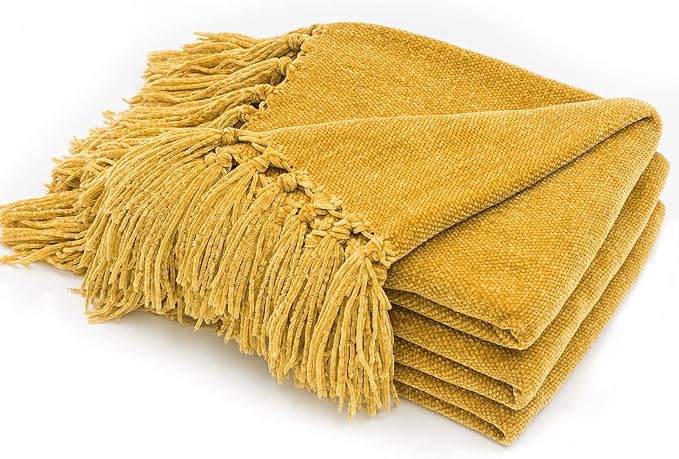 RECYCO Chenille Throw Blanket for Couch, 50"x60", Mustard Yellow | Super Soft Knit Throw Blanket with Fringe Tassels, Lightweight Knitted Throw, Cozy, Ideal for Sofa Chair Bed Living Room Gift