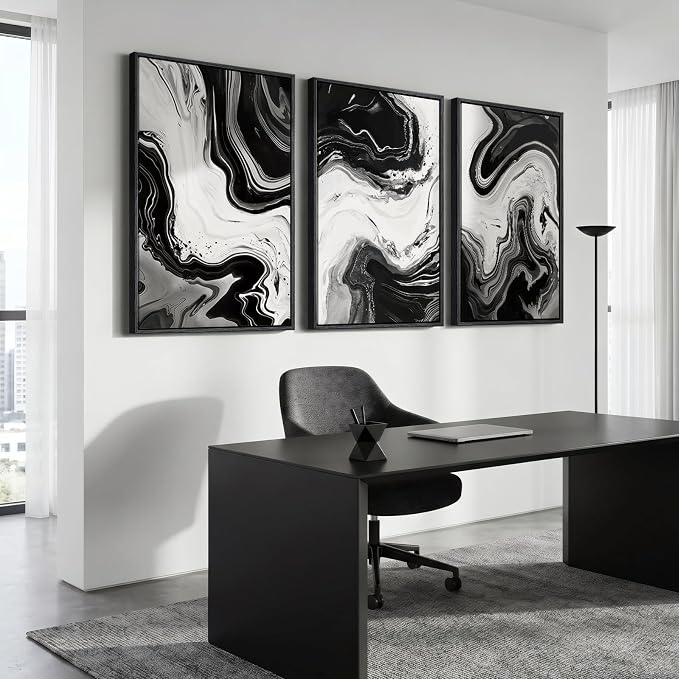 Large Framed Black and White Modern Abstract Wall Art Set of 3, 24x36 In | Big Paintings, Modern Artwork, Canvas Prints, Wood Frames, Minimalist Pictures, Living Room Bedroom Hallway Office Wall Decor