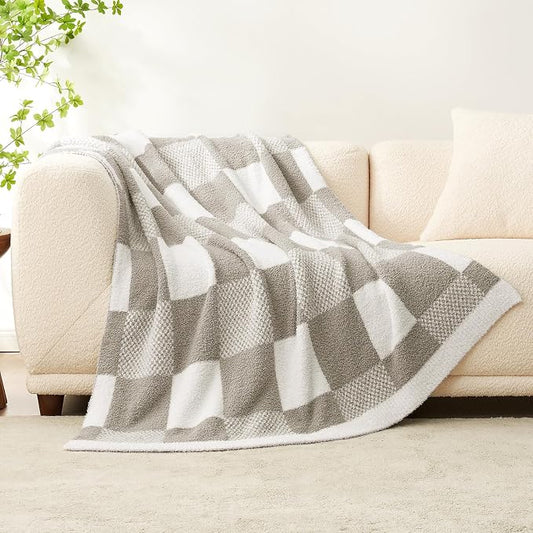 Snuggle Sac Checkered Blanket, Grey Throw Blanket for Couch Checker Microfiber Fluffy Warm Fuzzy Cozy Soft Throw Blanket Reversible Checkered Blankets for Sofa, Chair, Bed, 60x80 inches