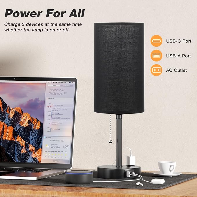 17in Bedside Table Lamp for Bedroom, Desk Lamp with USB Ports for Dorm