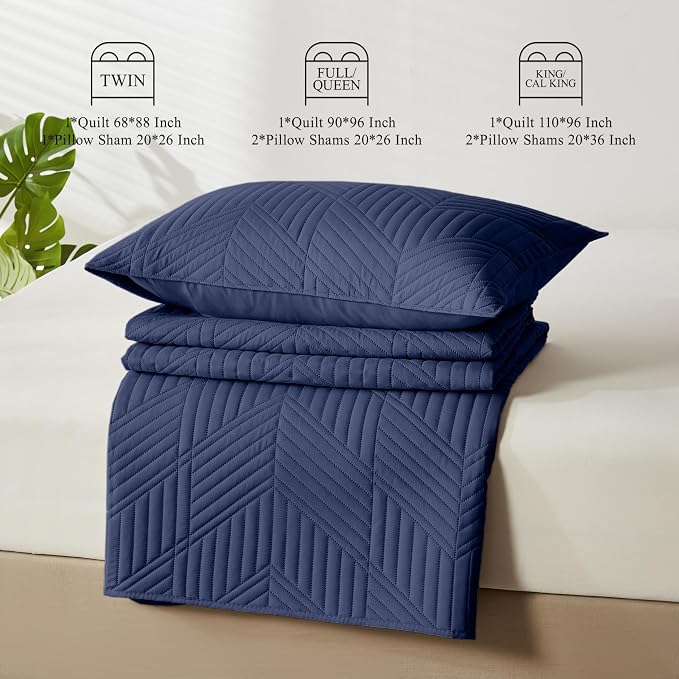 Davulos King Quilt Bedding Set,Navy Blue Ultrasonic King/Cal King Quilt Set Reversible Microfiber Bedspread,Lightweight Soft Modern Geometric Coverlet Set for All Seasons(1 Quilt,2 Pillow Shams)