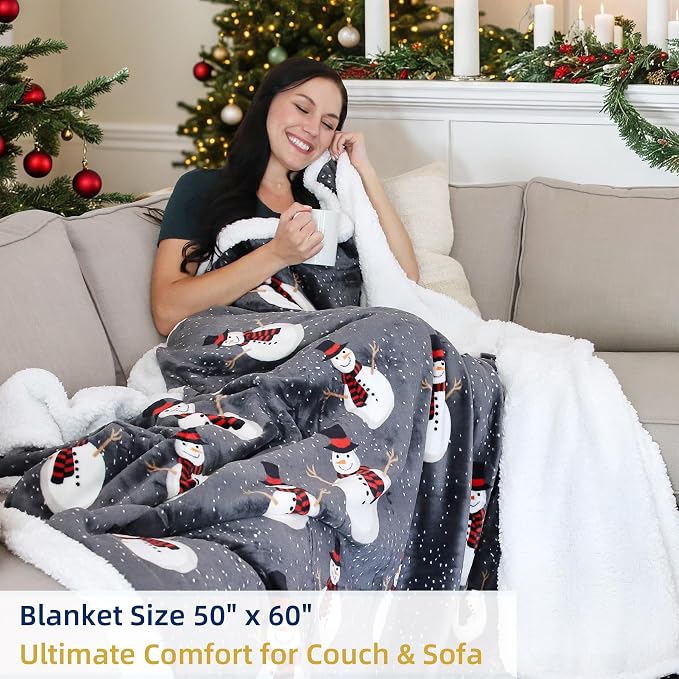 Catalonia Snowman Blanket, Holiday Theme Sherpa Fleece Throw, Blanket for Couch and Bed, Christmas Blanket | Super Soft, Comfy, Cozy, Fluffy, Warm | 50x60 inch, Grey