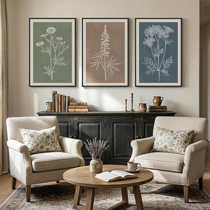 Large Framed Boho Botanical Wall Art for Living Room, 3 Piece Vintage Neutral Floral Canvas Painting Prints, Rustic Minimalist Flower Plants Pictures for Farmhouse Bedroom Office Wall Decor, 24x36 In