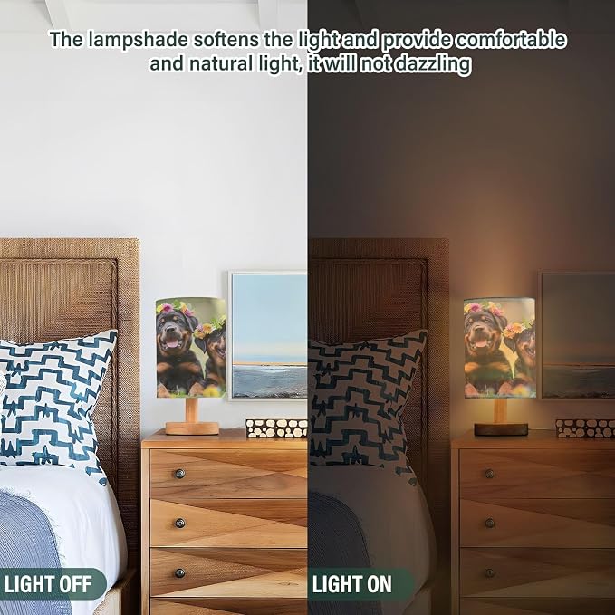 Bedside Lamp Rottweiler Dog Puppy Table Lamp for Bedroom LED Nightstand Lamp Shade USB Ports Wood Base for Living Room Dorm Office