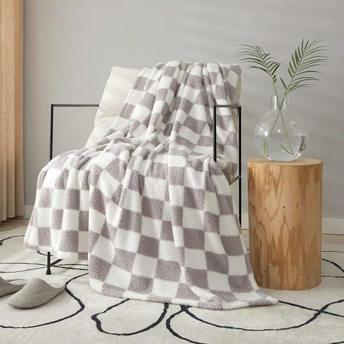 MERRYLIFE Checkered Plaid Sherpa Throw Blanket for Couch Bed Grey 60" 70" | Microfiber fabric, Decorative, Knitted, Checkerboard Grid Pattern, Ultra-Plush Soft, Fuzzy Cozy, Gift Choice, Machine Wash
