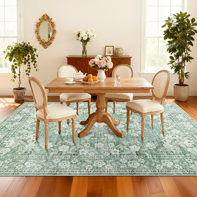 GarveeHome 9x12 Washable Rug for Luxury Living Room Leaf Flower Rugs | Vintage Floral Bordered Carpets for Large Guest Room Non-Slip Low Pile Distressed Botanical Sage Green Area Rug for Office