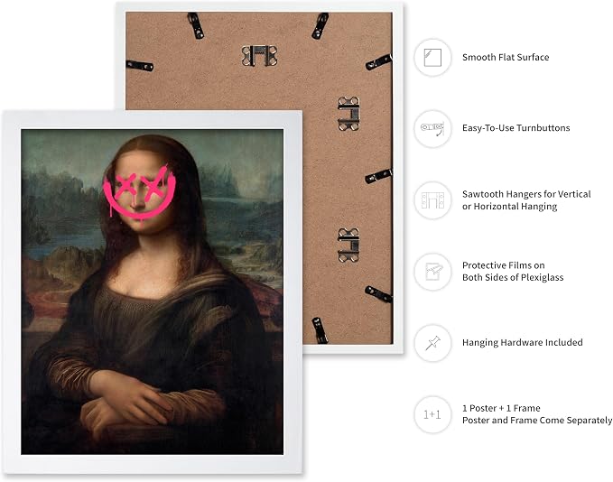Poster Master Mona Lisa Painting Poster - Smile Face Print - Altered Art - Pop & Defaced Art - Gift for Men & Women - Minimal Decor for Office, Bedroom or Living Room, 8x10 White Framed
