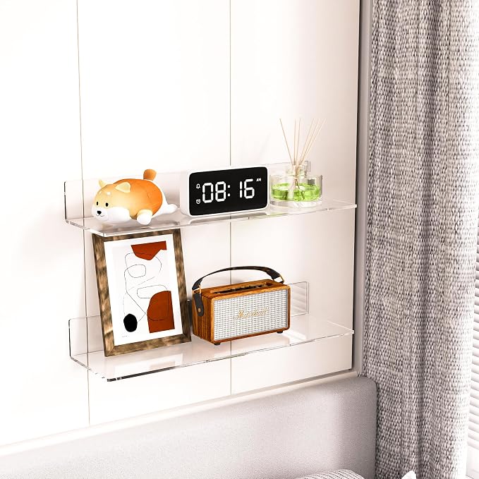 Sezanrpt 20 Inch Clear Wall Shelves for Wall, Wall Mounted Acrylic Floating Shelf for Plants, Speaker, Radio, Funko Pop, Stuffed Animal, Books, Cosmetics, Toiletries, 2 Pack (20 Inch)