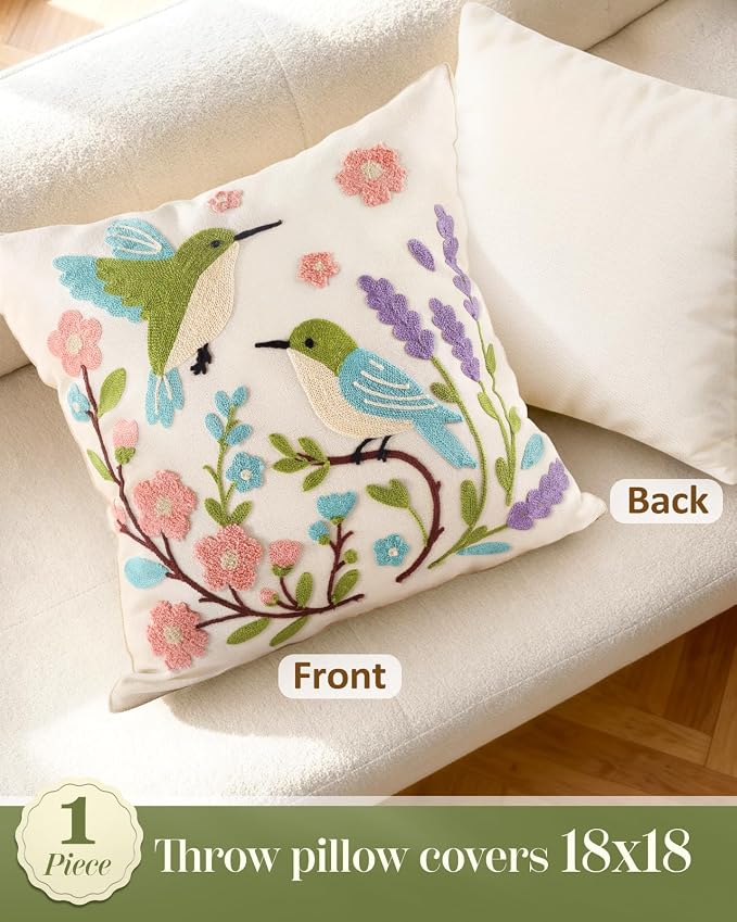 Spring Pillow Cover 18x18 Inch – Embroidered Summer Throw Pillow Cover Flowers Birds Farmhouse Decorative Cushion Case with Hidden Zipper Decoration for Couch, Sofa, Living Room(1 Pack)