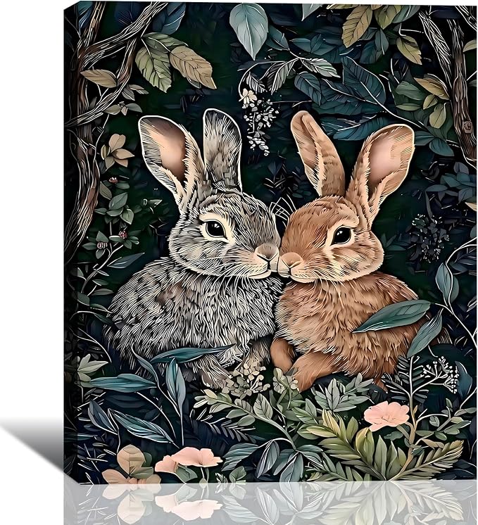 Vintage Framed Easter Canvas Wall Art 24x36, Retro Two Bunnies Pictures Wall Decorations Indoor, Rustic Spring Wall Decor with Cute Rabbit & Florals for Bedroom Living Room Office
