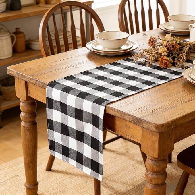 ShinyBeauty Black & White Buffalo Plaid Runners 120 inches Long Classic Farmhouse Table Runner Checked Table Runners for Family Dinner Thanksgiving Decorations (13"x120")