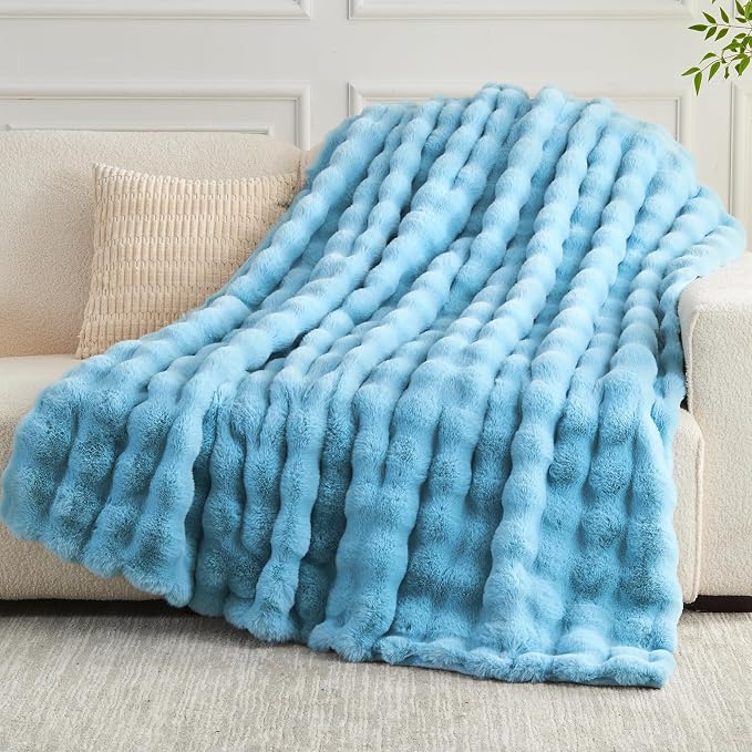 NEWCOSPLAY Faux Fur Thick Bubble Throw Blanket for Couch, Blue, 50"x60" | Luxury Fluffy Thick Warm Bubble Blanket for Couch Sofa Bed 1000GSM, Soft Plush Cozy Decorative Throw, Gift for Women Men