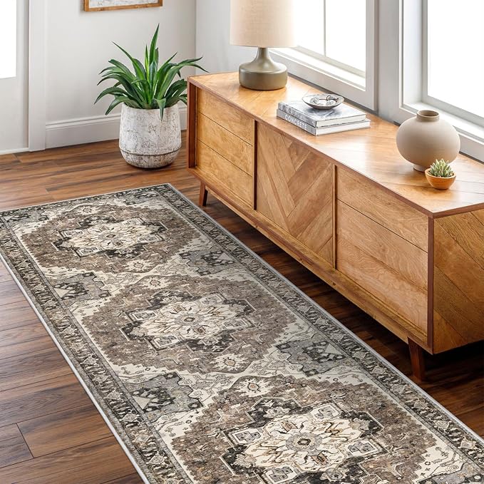 Washable Hallway 3x12 Runner Rug - Non-Slip Kitchen Entryway Rugs with Rubber Backing Vintage Soft Stain Resistant Carpet for Bedroom Indoor Ultra-Thin Home Decor Mat for Living Room (Beige,3x12)