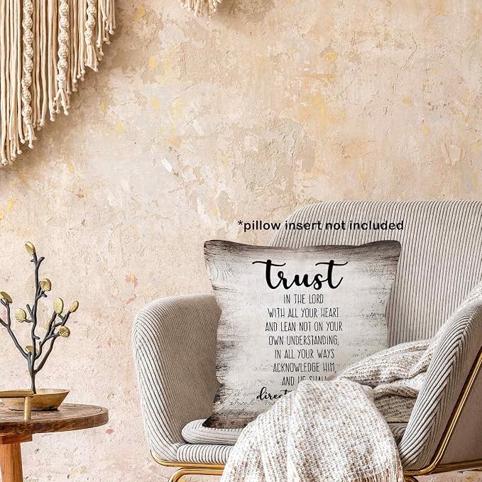 Vintage Christian Bible Verse Trust in the Lord Throw Pillow Covers 18x18, Rustic Scripture Proverbs Decor Pillow Cases for Bedroom Living Room, Religious Pillowcases for Couch Bed Sofa